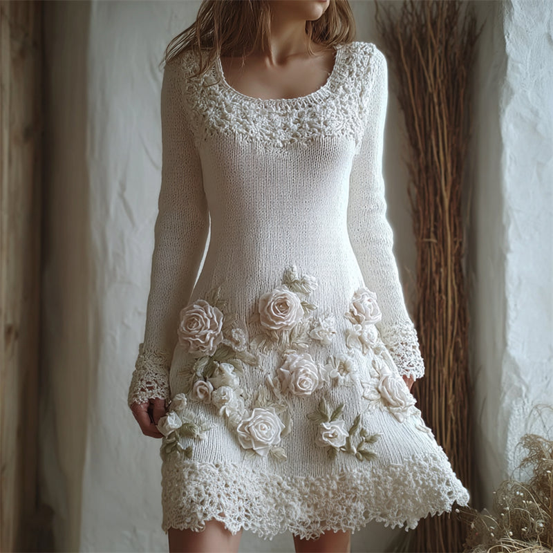 Vintage White Roses Embroidered Lace Cozy Sweater Dress