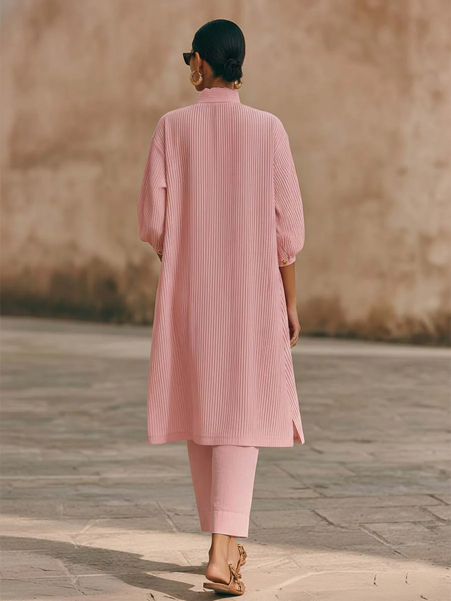 Elegant Metal Button Longline Shirt And Pants Set