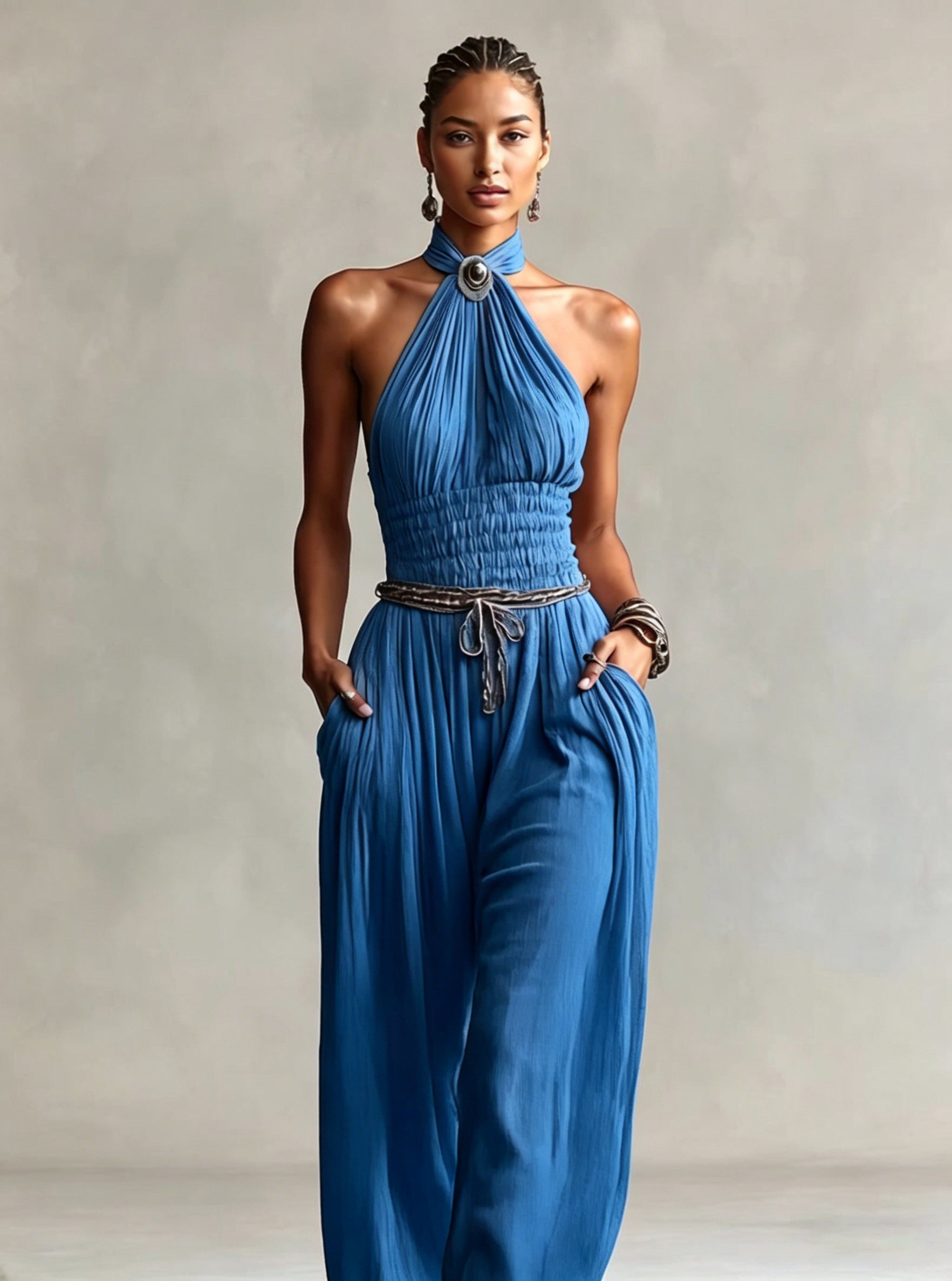 Bohemian-style Halter-neck Jumpsuit With Pin-tuck Waist And Draped Wide Legs
