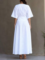 Women's Solid-color Round-neck 3/4-sleeve Casual Loose Cotton-linen Dress