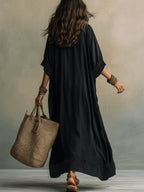 Black Polka Dot Color-blocked Loose-fitting Beach Shirt Maxi Dress