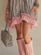 Gray And Pink Color-blocked Off-shoulder Puff Sleeve Chiffon Mini Dress
