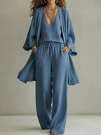 Women's Minimalist Cotton And Linen Wide-leg Pants Three-piece Set