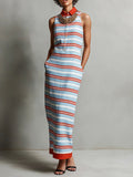 Women's Striped Print Sleeveless Casual Straight-cut Cotton-linen Dress With Shirt Collar