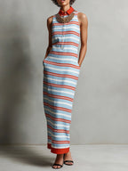 Women's Striped Print Sleeveless Casual Straight-cut Cotton-linen Dress With Shirt Collar