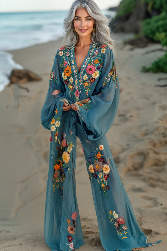 Vacation seaside elegant embroidery top + pant two piece set 633d