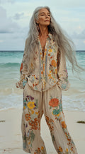 Vacation seaside elegant embroidery top + pant two piece set f0a4