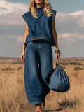 Women's Stand-collar Sleeveless Casual Loose Top And High-waisted Loose Wide-leg Denim Pants Set.