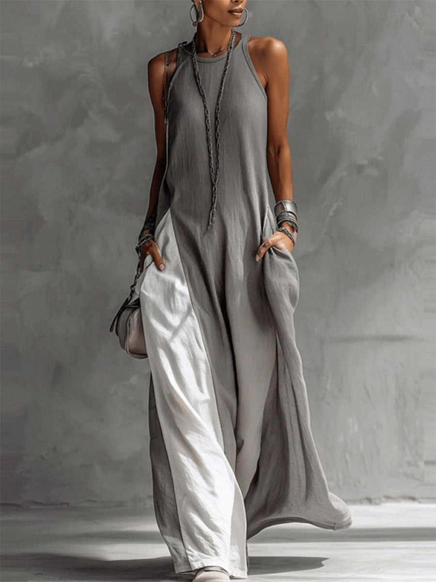 Women's Sleeveless Round Neck Loose Pocket Color-blocked Casual Off-shoulder Dress