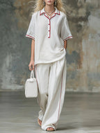 Casual Red-trimmed Short-sleeved Linen And Cotton Shirt And Trousers Two-piece Set