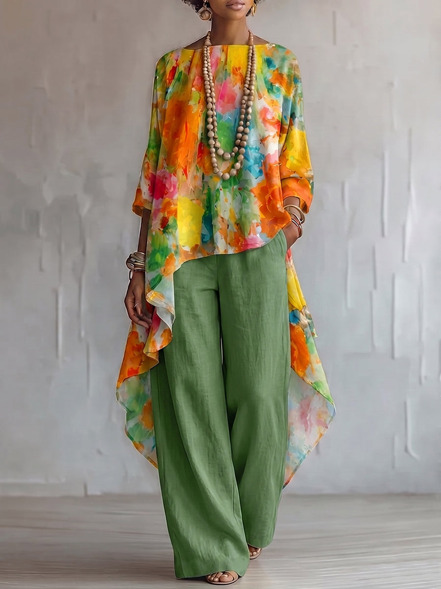 Retro Floral Print Cotton-linen Two-piece Set