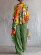 Retro Floral Print Cotton-linen Two-piece Set