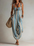 Women's Square-Neck Sleeveless Loose-Fit Casual Jumpsuit â€” Plaid Print Cotton-Linen Strappy Romper