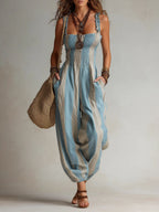 Women's Square-Neck Sleeveless Loose-Fit Casual Jumpsuit â€” Plaid Print Cotton-Linen Strappy Romper