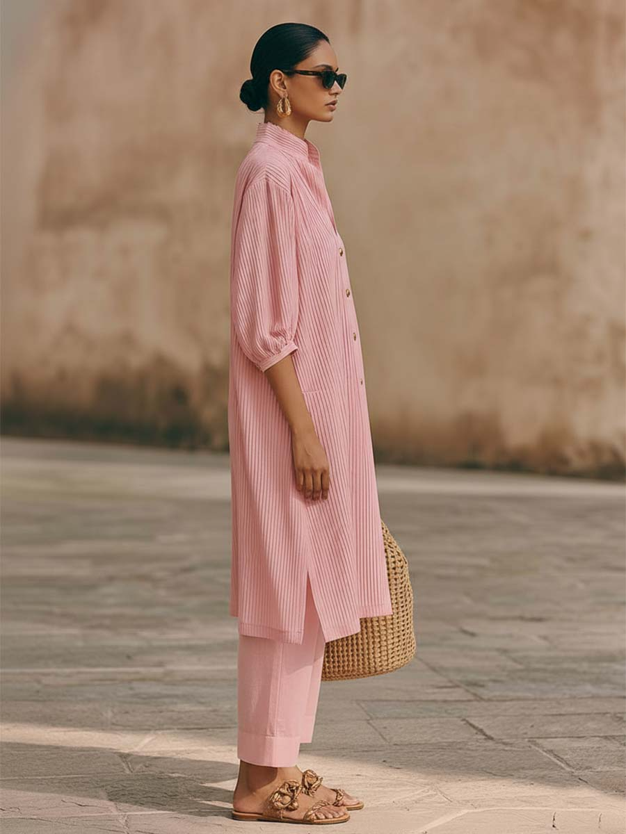 Elegant Metal Button Longline Shirt And Pants Set