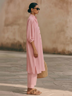 Elegant Metal Button Longline Shirt And Pants Set