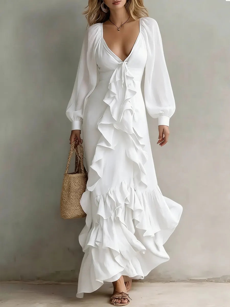 Women's Elegant Lace-trimmed V-neck Dress