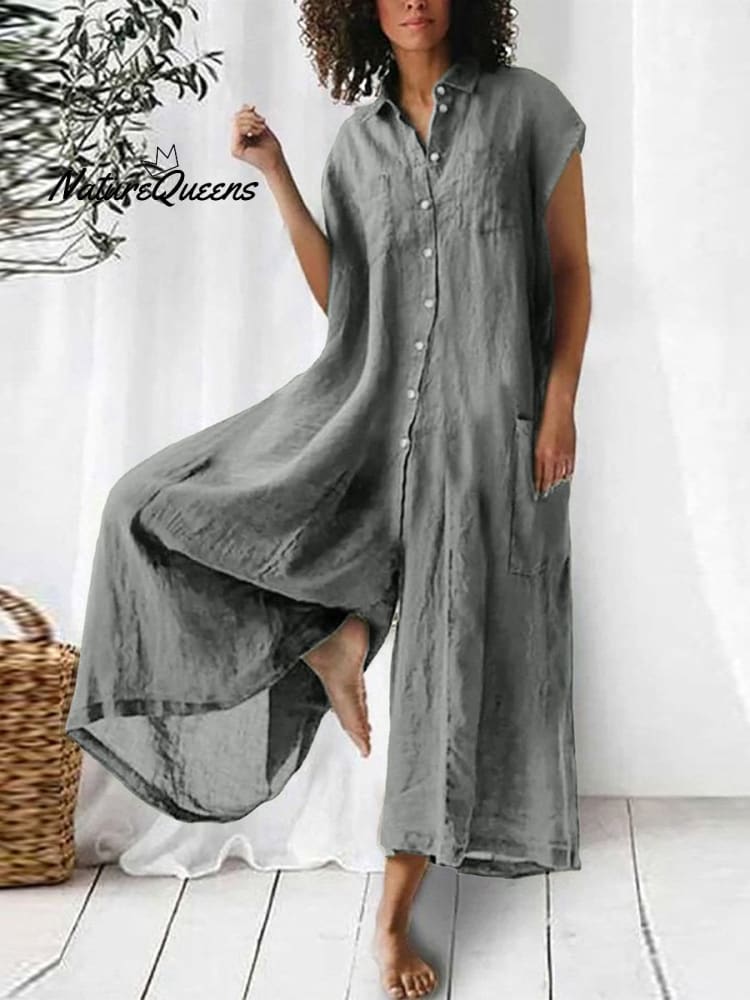 Women's Cotton And Linen Solid Color Short Sleeve Jumpsuit
