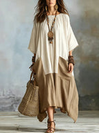 Women's Color-block Loose-fit Flared Cotton-linen Dress