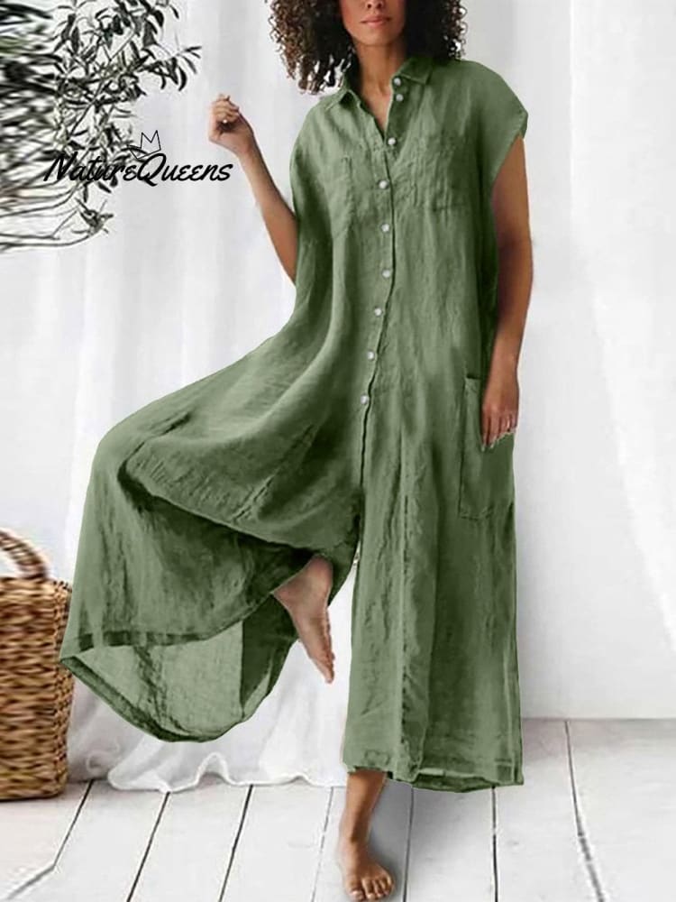 Women's Cotton And Linen Solid Color Short Sleeve Jumpsuit