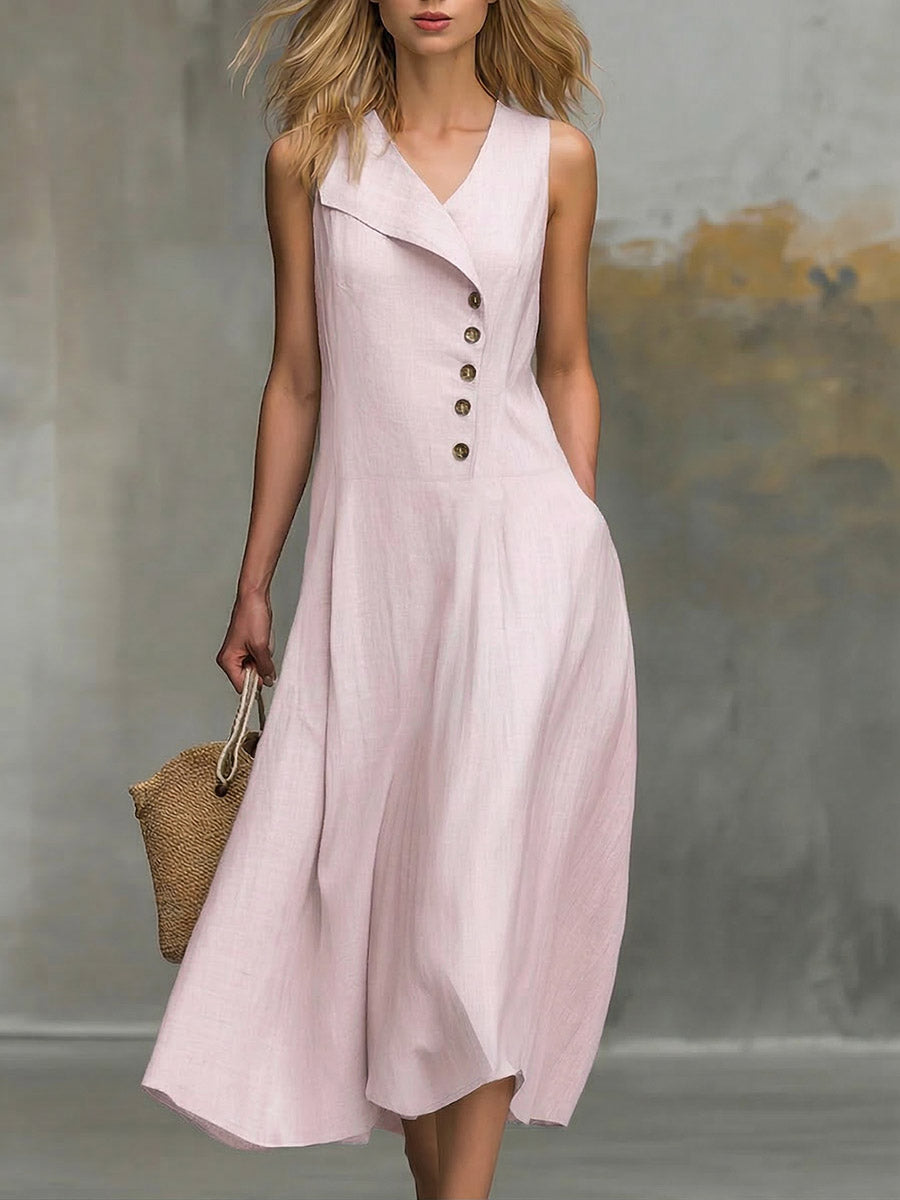 Women's Solid-color V-neck Sleeveless Casual Loose Cotton-linen Dress