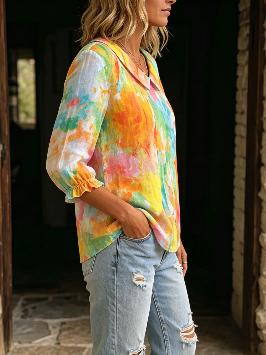 Artistic Watercolor Palette Print Peter Pan Collar Cotton-Linen Blouse