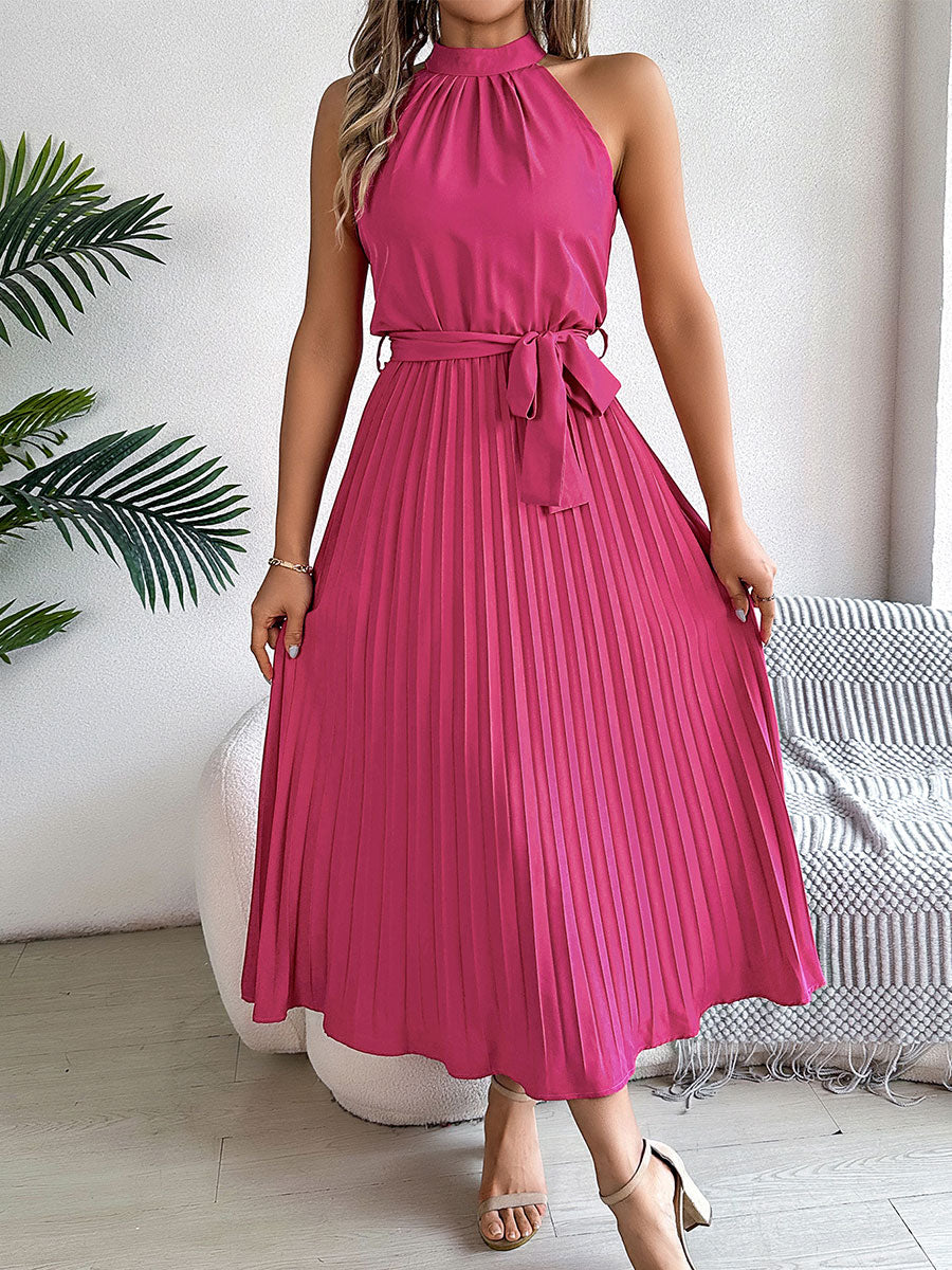 Women's Casual Stand-up Collar Sleeveless Pleated Dress