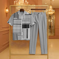 Men's Casual Light Gray Color Matching Geometric Printed Zipper Short Sleeved Polo Shirt & Trousers Two-Piece Set