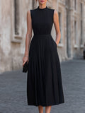Pleated High-Neck Sleeveless Midi Dress