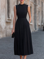 Pleated High-Neck Sleeveless Midi Dress
