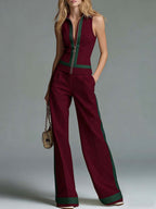 Women's Collared Sleeveless Casual Loose Top And High-waisted Casual Loose Wide-leg Pants Cotton Set