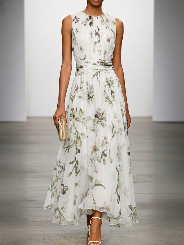 White Floral Chiffon Crew Neck Sleeveless A-Line Maxi Dress