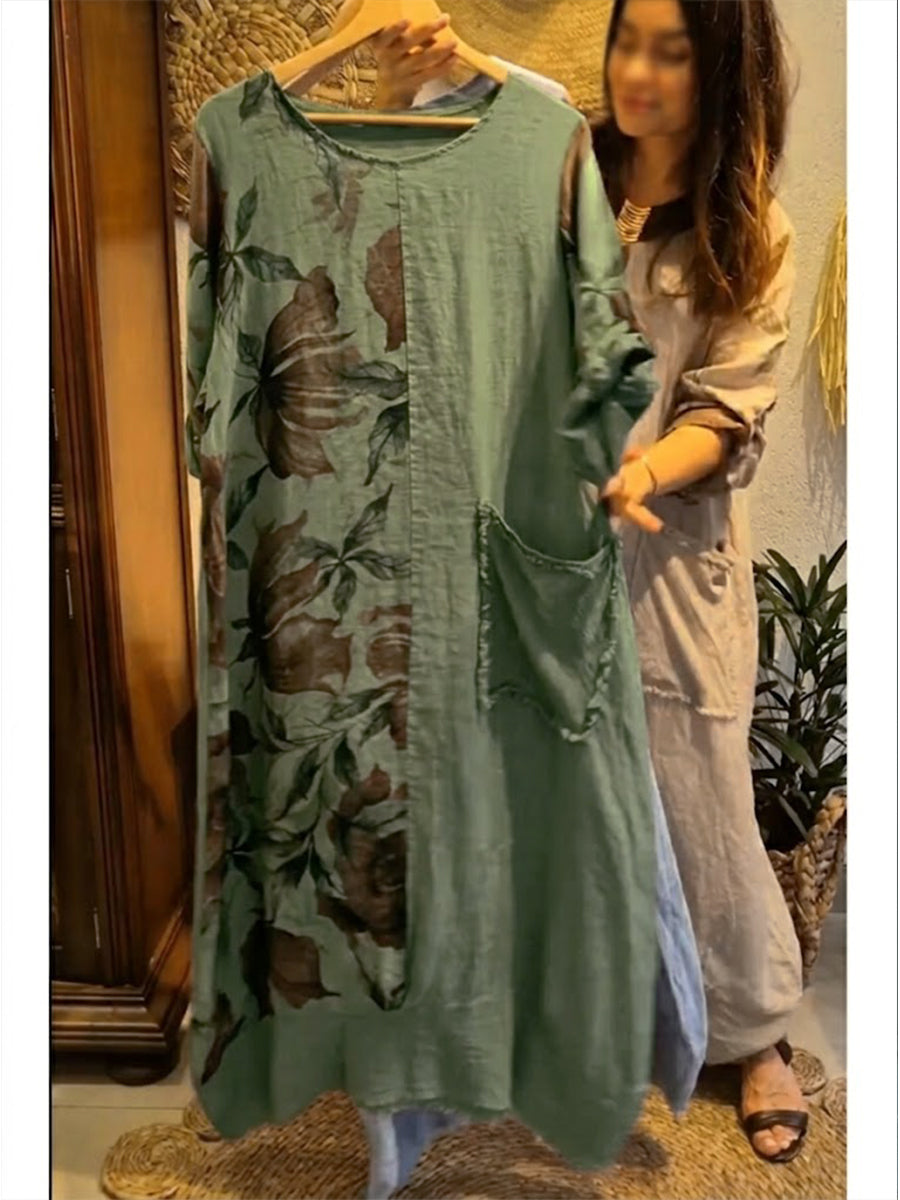 Loose-fitting Casual Floral Print Linen And Cotton Dress