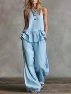 Women's Round Neck Sleeveless Casual Loose Cotton Top And High Waist Casual Loose Wide Leg Pants Set