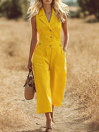 Women's Solid Color Lapel Sleeveless Casual Loose Cotton Jumpsuit