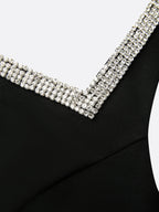 Black Rhinestone Ruched Knit Square Neck Sleeveless Bodycon Midi Dress