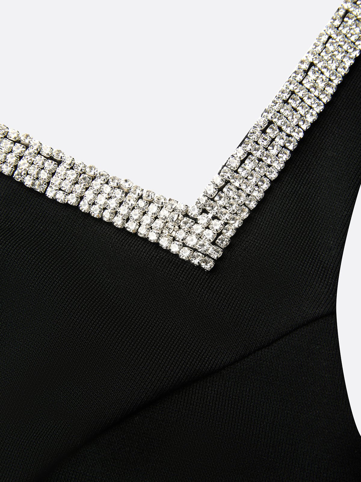 Black Rhinestone Ruched Knit Square Neck Sleeveless Bodycon Midi Dress