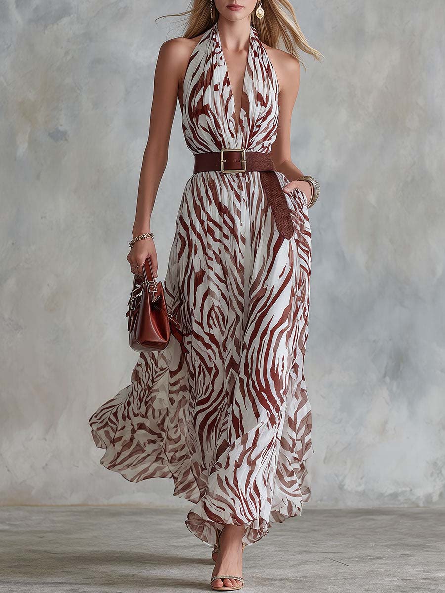 Women's Abstract Print V-neck Sleeveless Loose-fit Casual Chiffon Dress