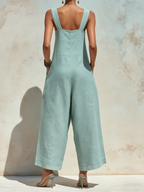 Light Blue Linen-Blend Wide-Leg Overalls | Square Neck Sleeveless Jumpsuit