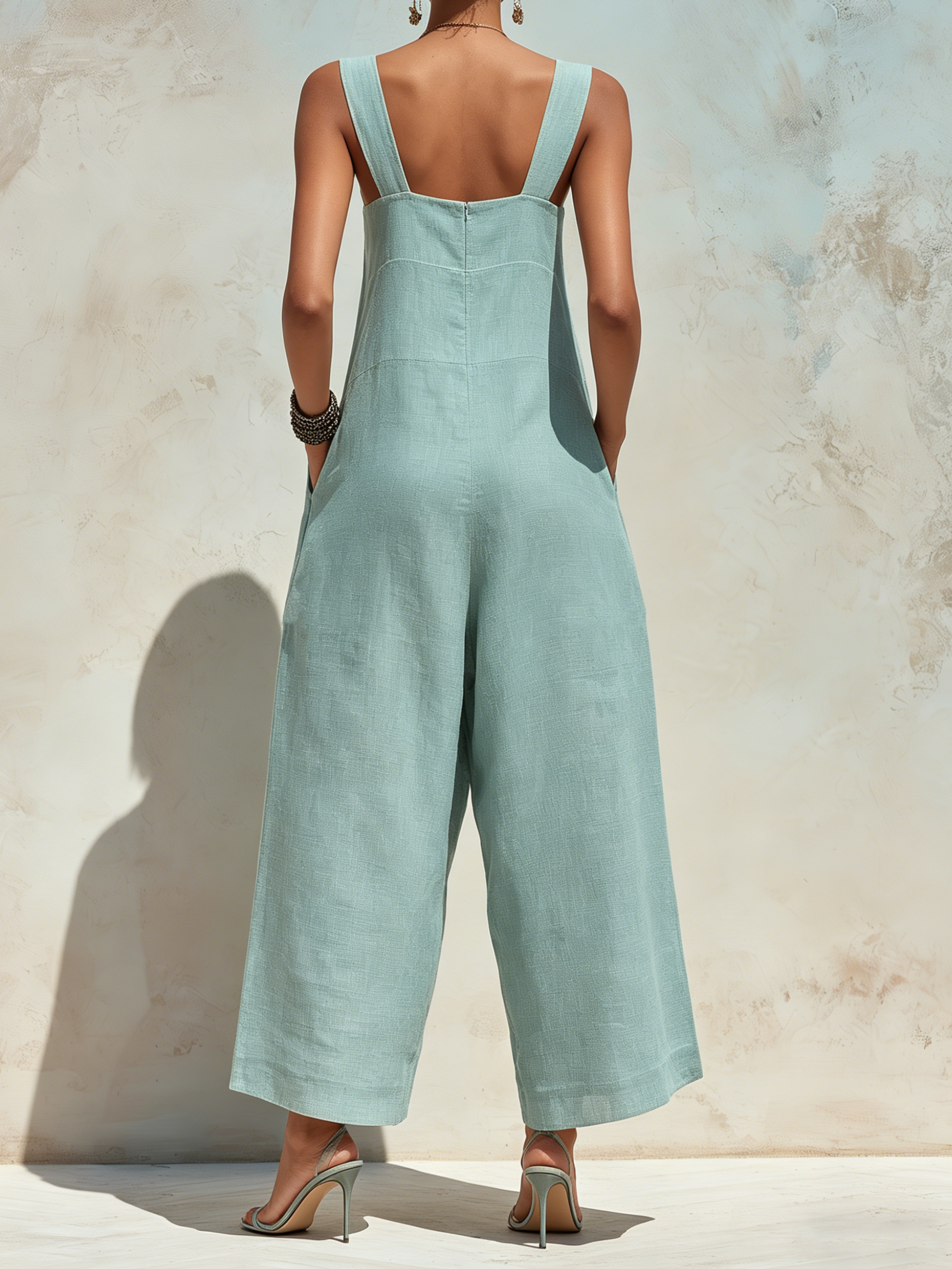 Light Blue Linen-Blend Wide-Leg Overalls | Square Neck Sleeveless Jumpsuit