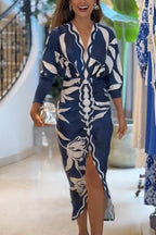 Unique Print Dolman Long Sleeve Ruched Slit Midi Dress