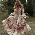 Women's Vintage Roses Embroidery Art V-neck Long Sleeves Maxi Dress
