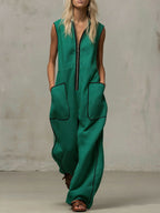 Women's V-neck Sleeveless Casual Loose Wide-leg Cotton And Linen Jumpsuit