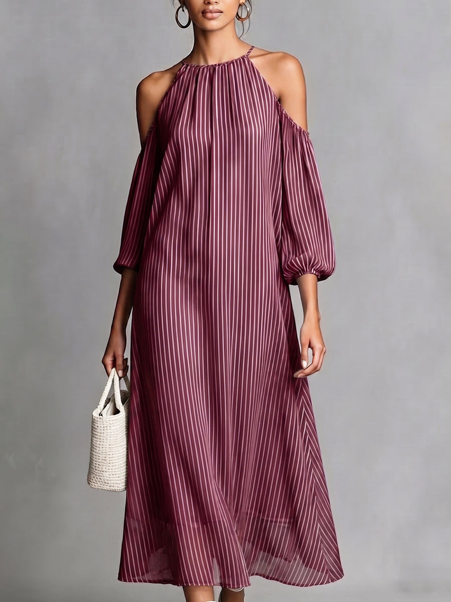 Elegant Halter-neck Striped Off-shoulder Midi Dress