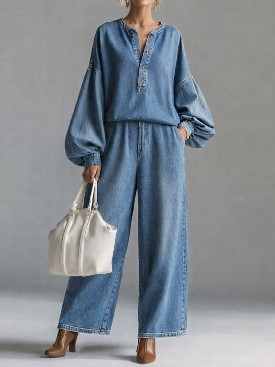 Women's V-neck Long-sleeved Casual Loose Denim Top And High-waisted Loose Wide-leg Denim Pants Set.