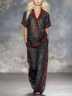Women's Retro Leopard Art Print Short Sleeve Stylish Casual Top And Pants Suits
