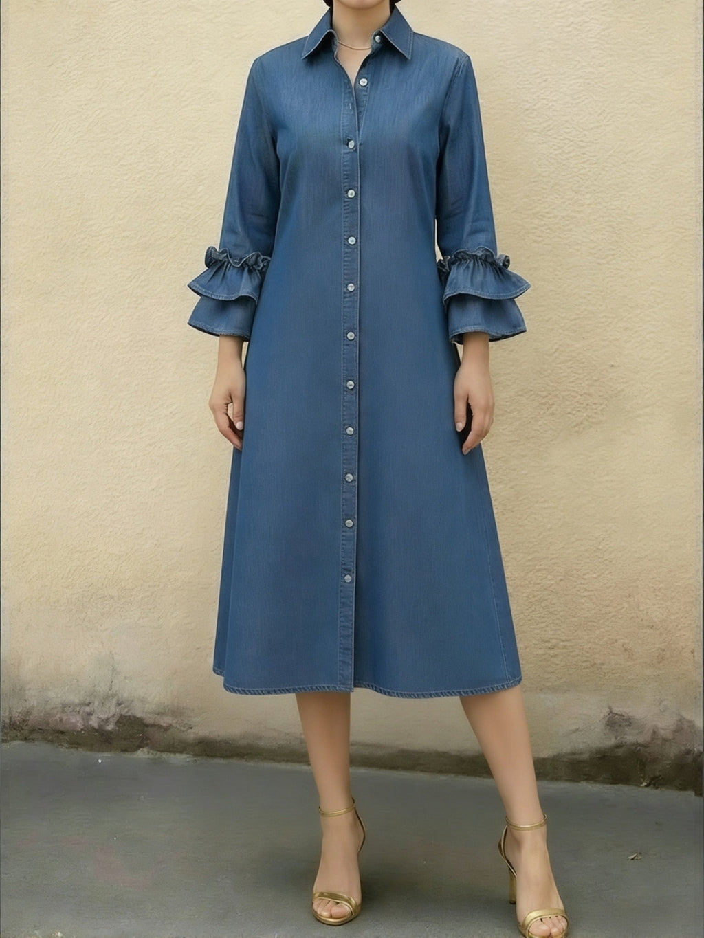 Women's Casual Denim Dress With Ruffled Sleeves