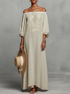 Women's Round Neck Long Sleeve Casual Loose Linen Dress