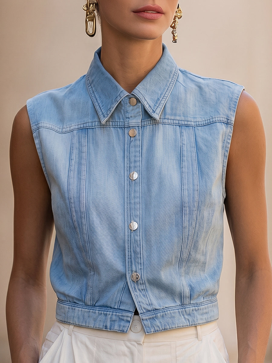 Light Wash Denim Sleeveless Button-Down Vest