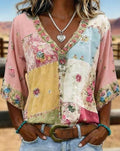 Retro Floral Embroidered V-neck Short Sleeve Cotton Top